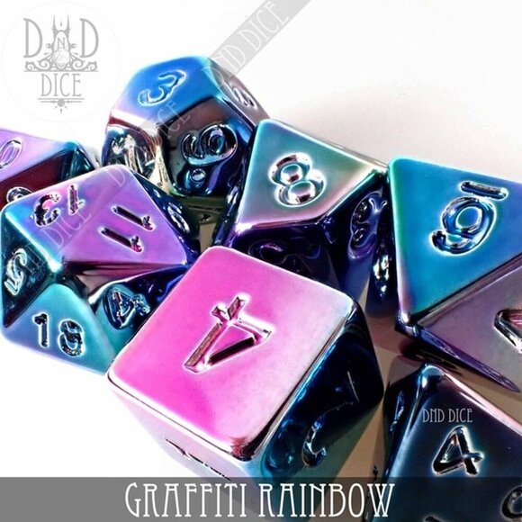 DND Dice Set - Graffiti Rainbow - 7 Acrylic Dice - Fantasy RPG Tabletop Gaming - Picture 2 of 3